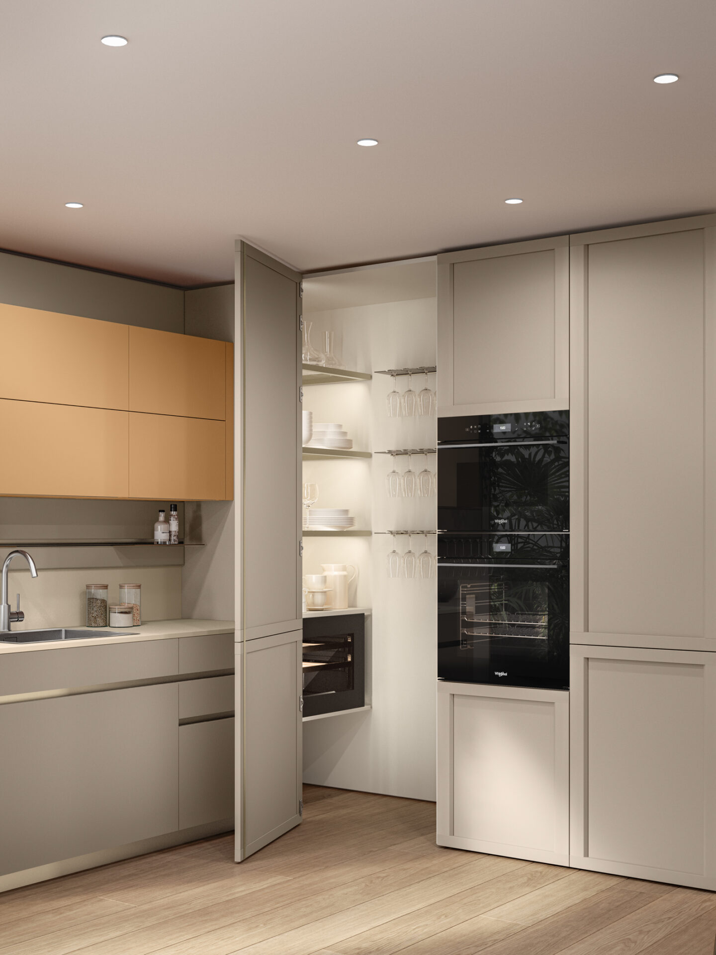 Cuisine équipée complète moderne avec rangements optimisés et électroménagers intégrés