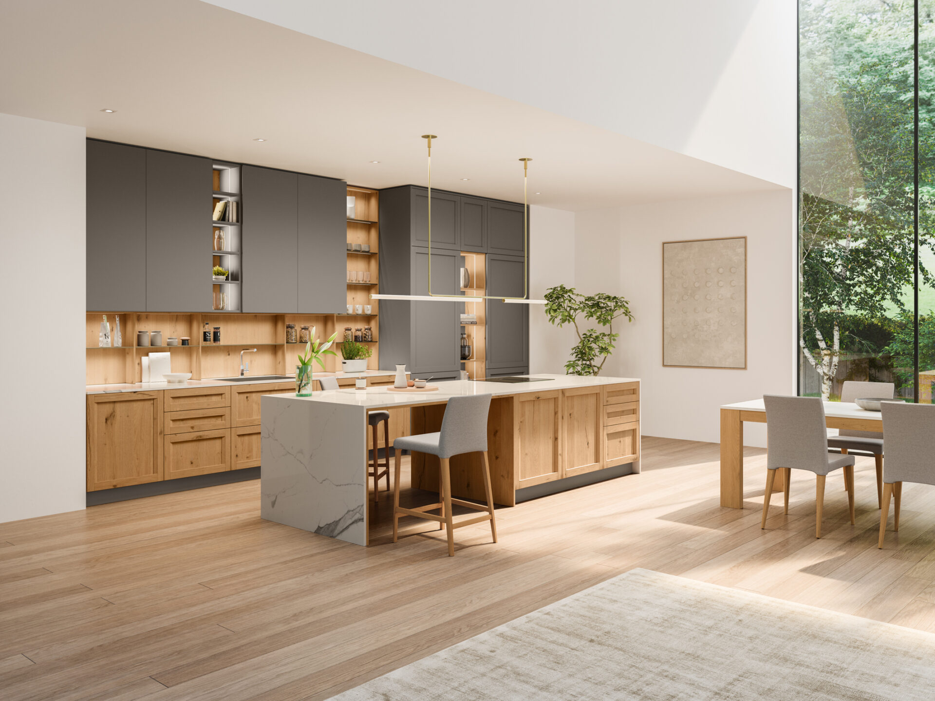 Cuisine modèle Milano de Veneta Cucine en style élégant et contemporain, avec finitions bois et plan de travail en quartz